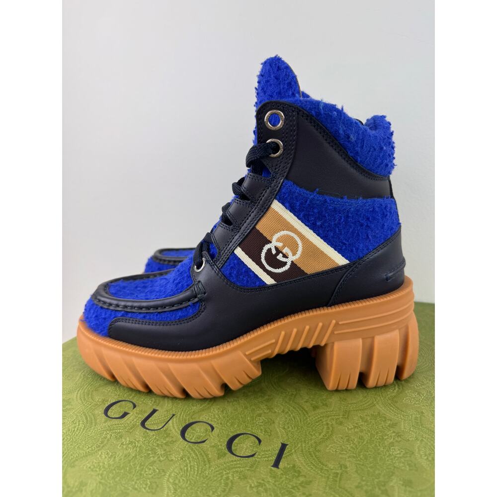 GUCCI Blue Tan Cast Wool Quebeck Calfskin Chunky Heel Boots Lace Up Size 36.5 - Picture 6 of 12
